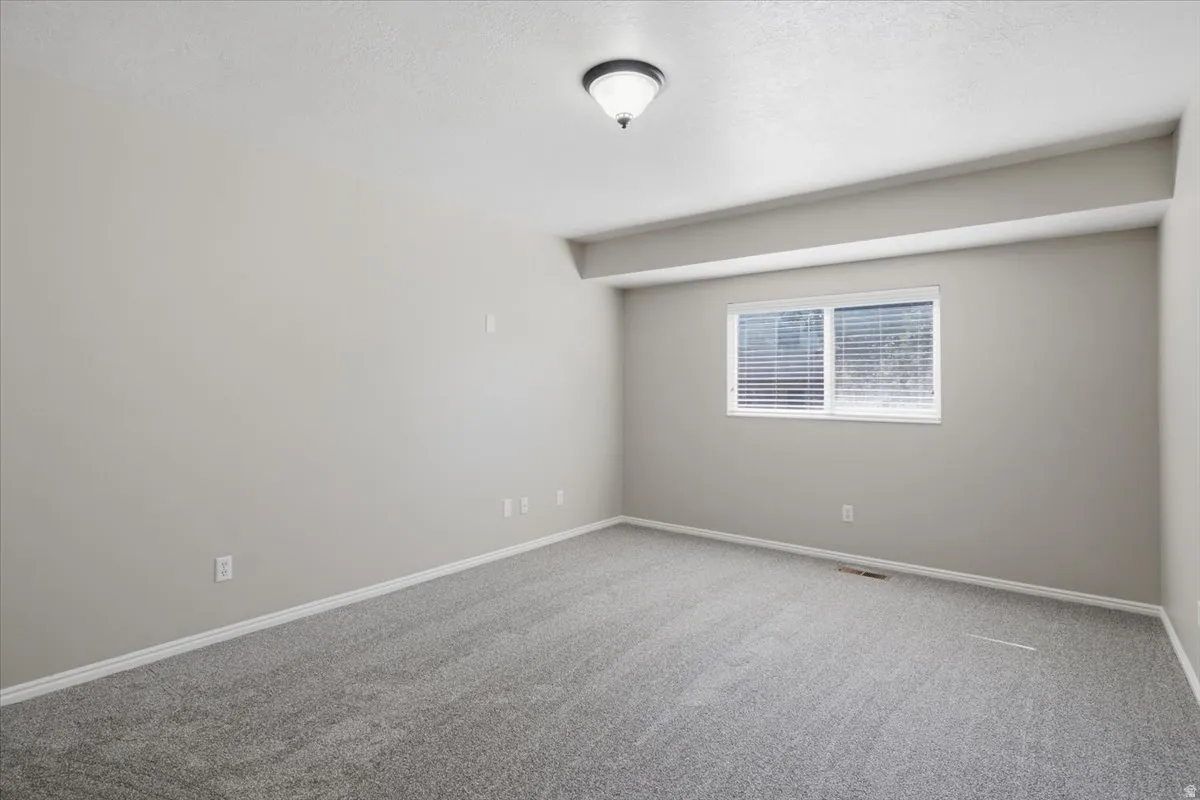 Spacious room featuring neutral carpeting and light brown wall paint