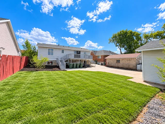 Expansive lawn area with a red privacy fence and concrete driveway