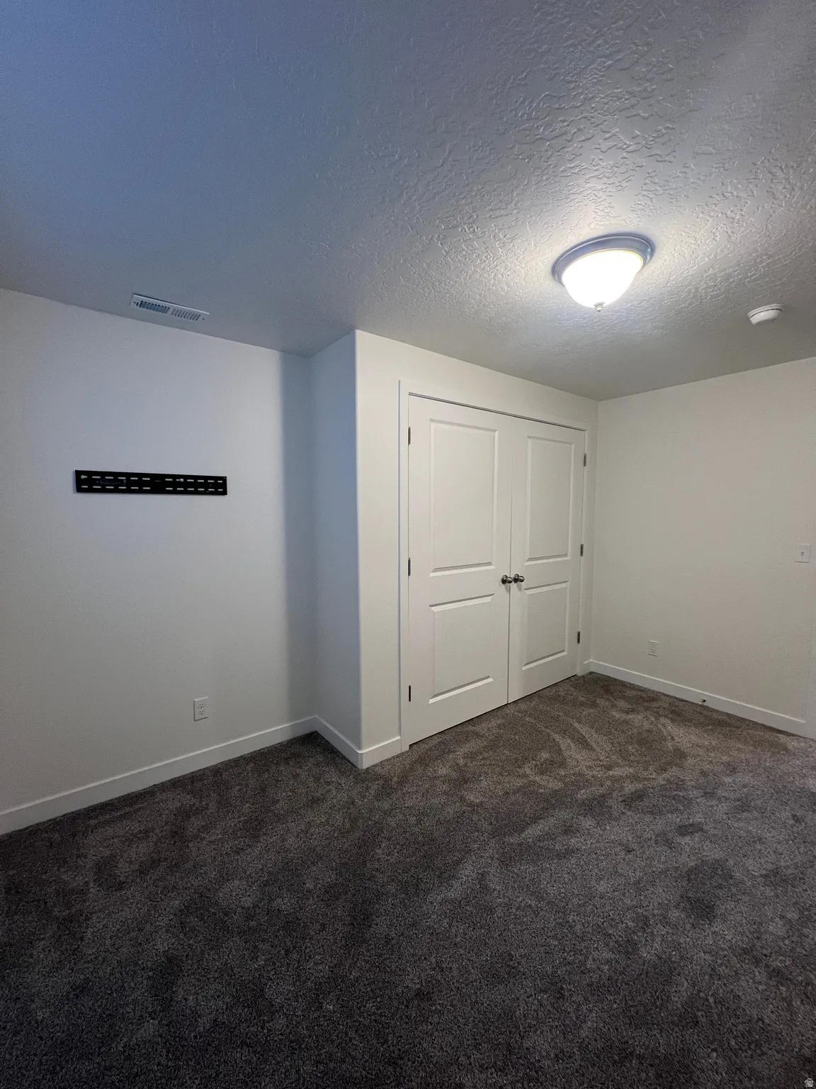 Plush gray carpeting, white walls, and a ceiling-mounted light fixture