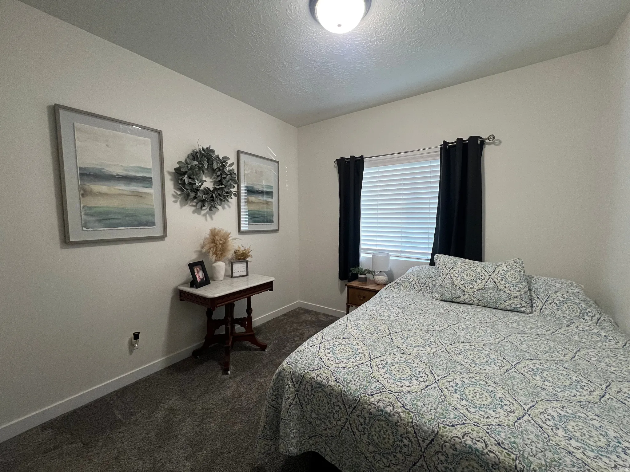 Neutral tone wall paint, flush mount ceiling light fixture, window with blinds, and dark carpet flooring