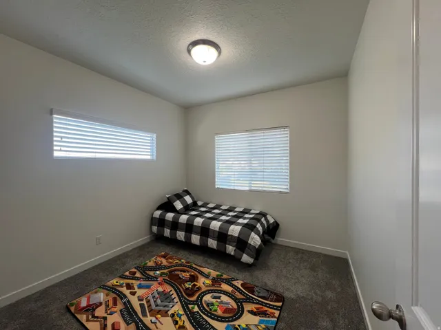 Neutral wall tones, carpeted flooring, and a flush-mount ceiling light fixture