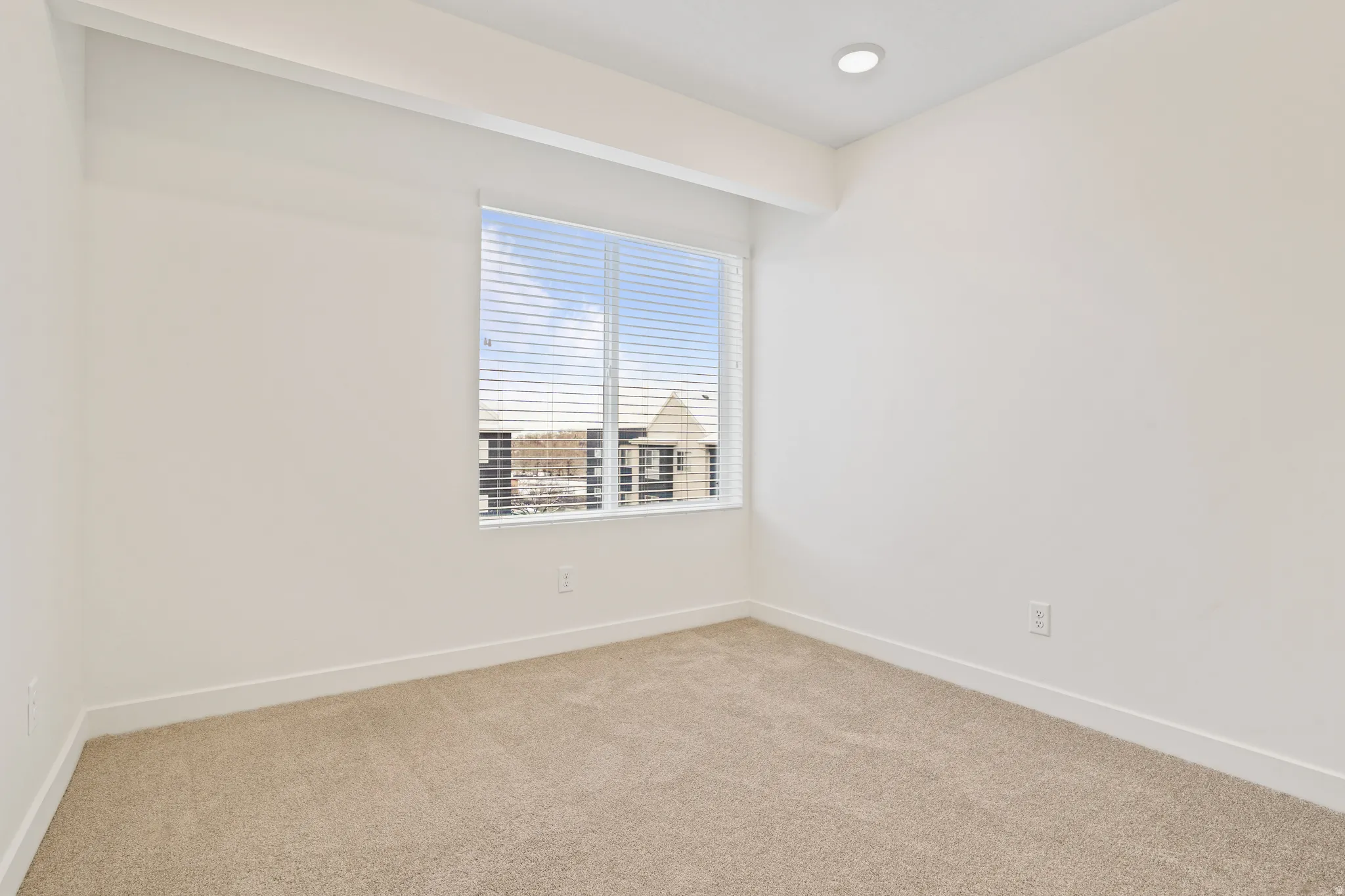 Room featuring a large window with horizontal blinds, neutral wall paint, and beige carpeting