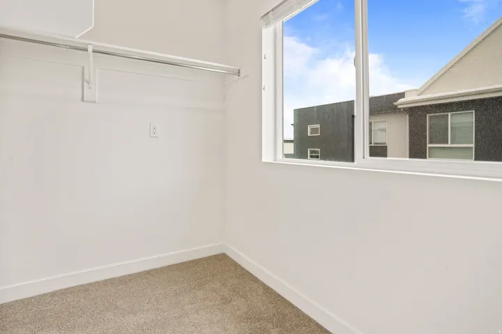 Room featuring light tan carpeting, a single window with white framing, and a white clothes rod with shelf