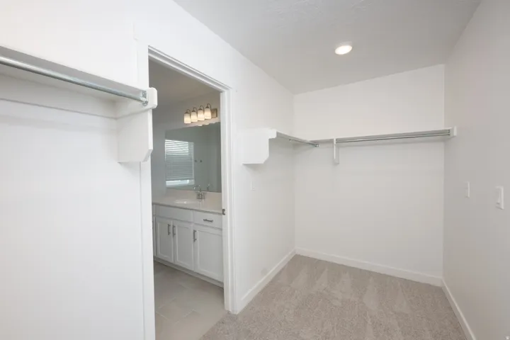Spacious walk-in closet with carpet flooring, white walls, and built-in shelving with hanging rods