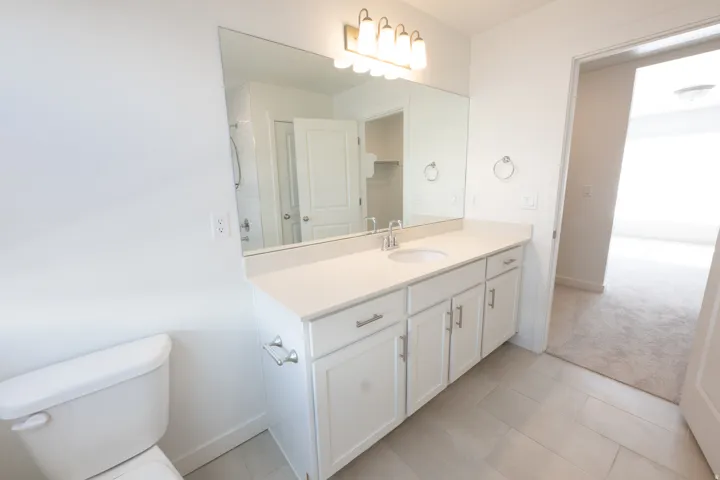 Bathroom featuring a spacious double vanity with white cabinetry and a light-toned countertop