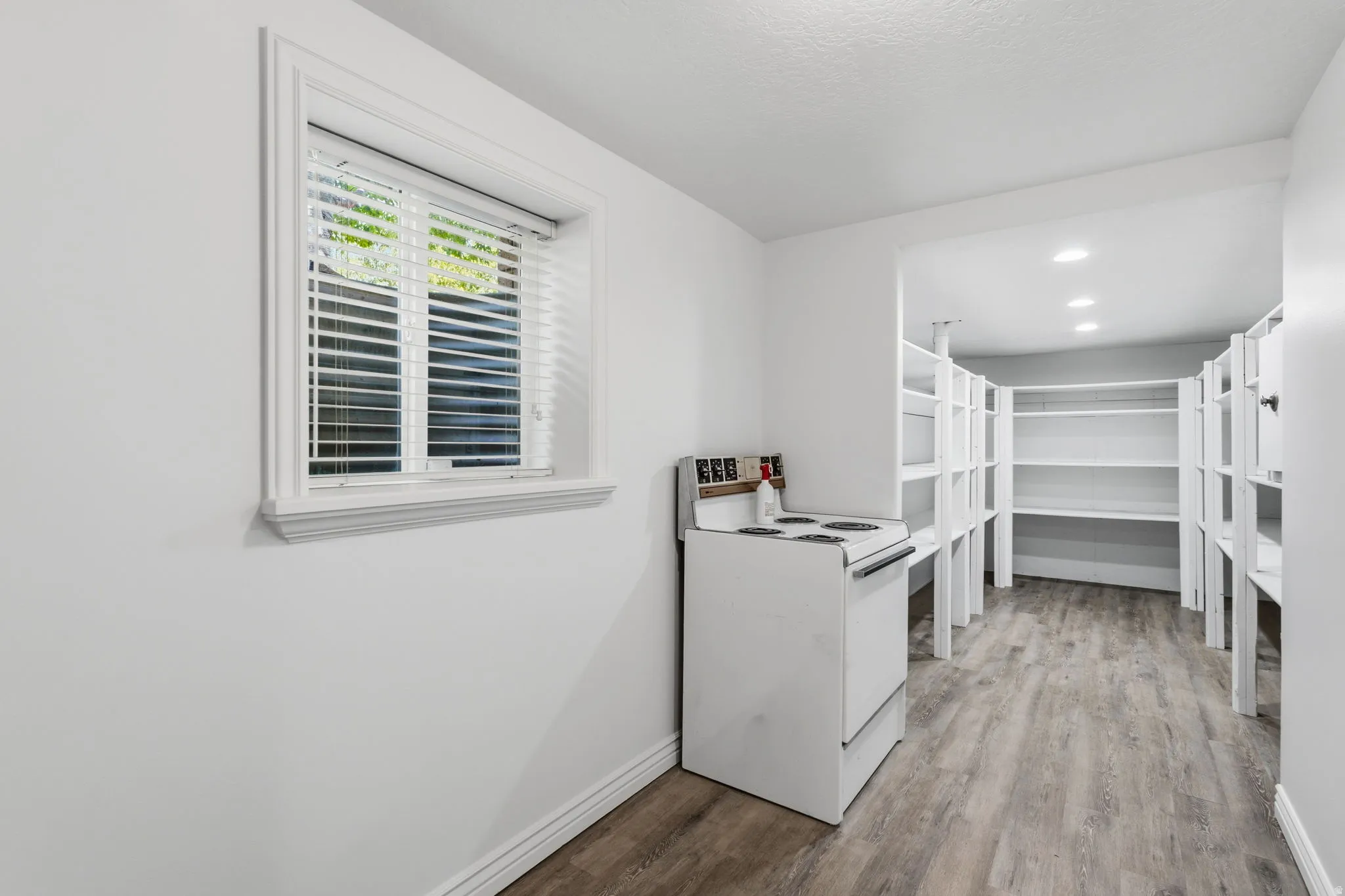Large storage room in basement with extensive built-in shelving