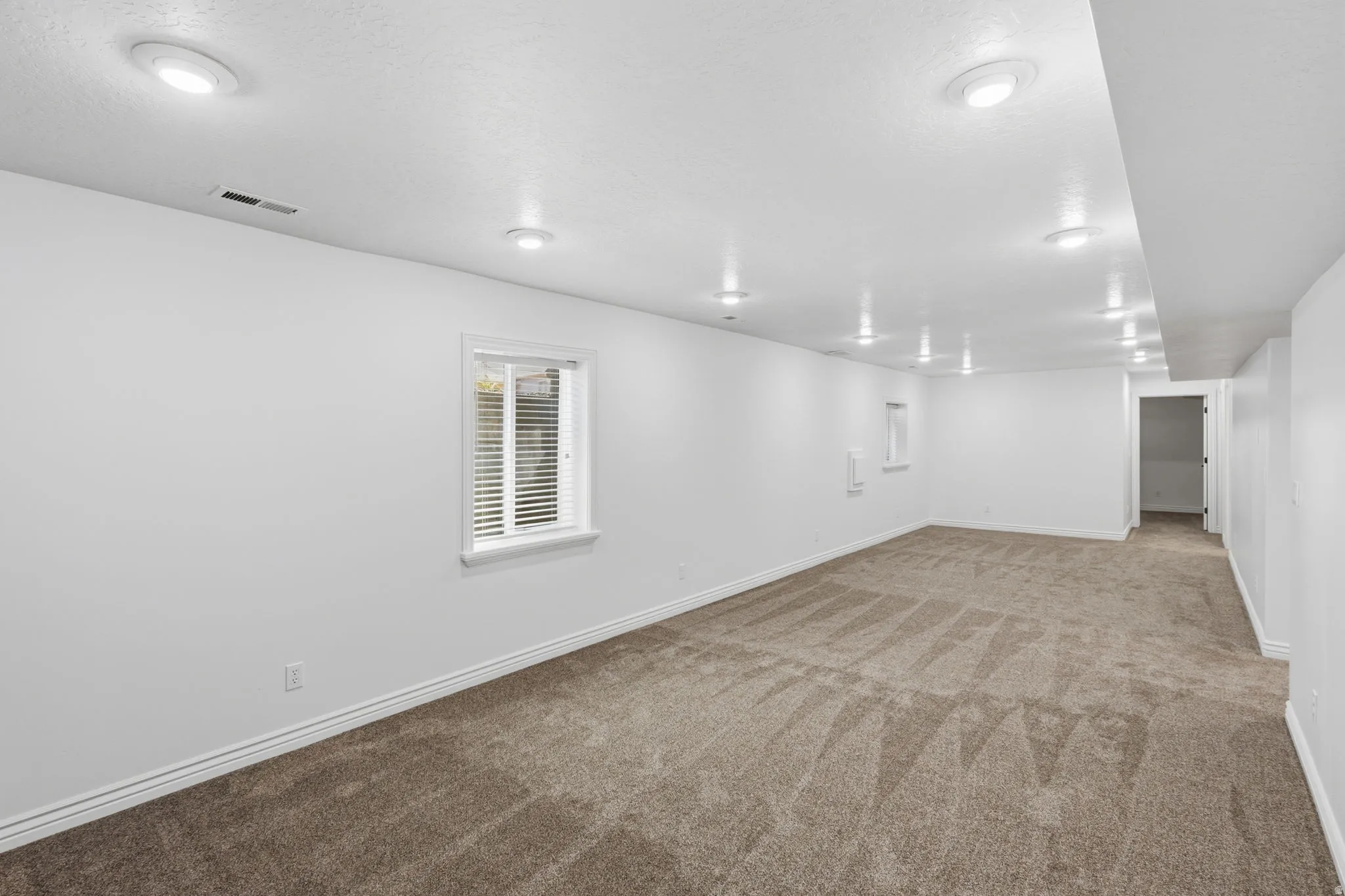 Spacious living room featuring new carpeting, and new paint and lighting.