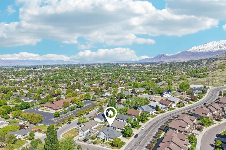 Aerial view of a thriving residential community featuring tree-lined streets, manicured landscaping, and low-density single-family homes with varied architectural styles