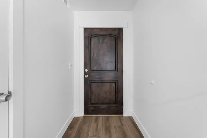 Rich wood-finish door with arch paneling and silver hardware