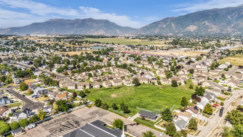 Aerial view of a residential community featuring tree-lined streets, established landscaping with mature greenery, and single-family homes with varied architectural styles