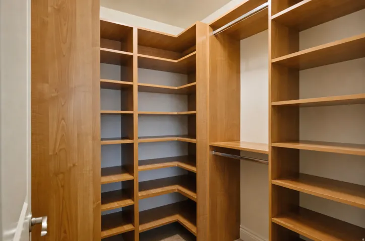 Built-in closet system featuring natural wood-finish shelving, multiple hanging rods, and corner storage