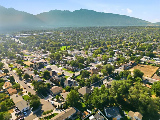 Aerial view showcasing a residential neighborhood with mature tree canopy throughout, single-family homes on established lots, and mountain backdrop