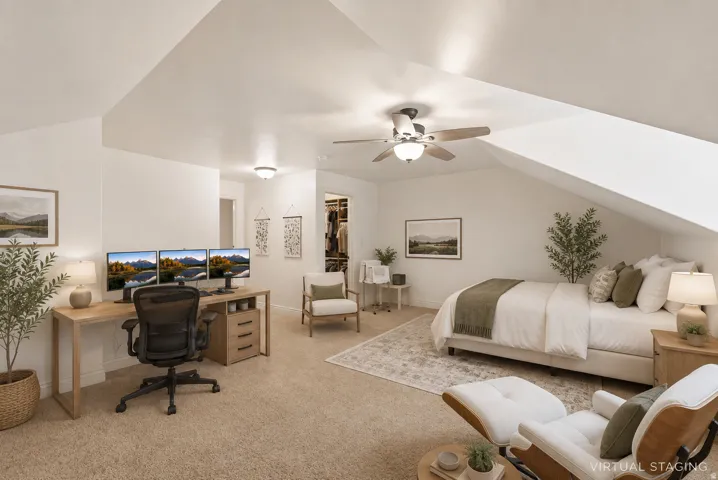 Versatile room featuring vaulted ceilings, plush carpet flooring, a ceiling fan with integrated lighting, and an open closet