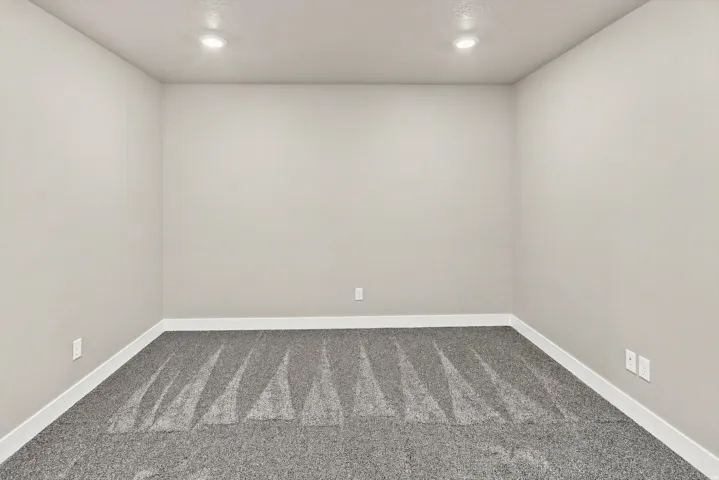 Neutral wall color, recessed lighting, and grey patterned carpet