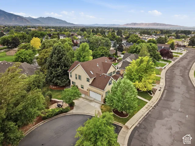 Two-story residence with a two-car garage, mature landscaping, and a paved driveway