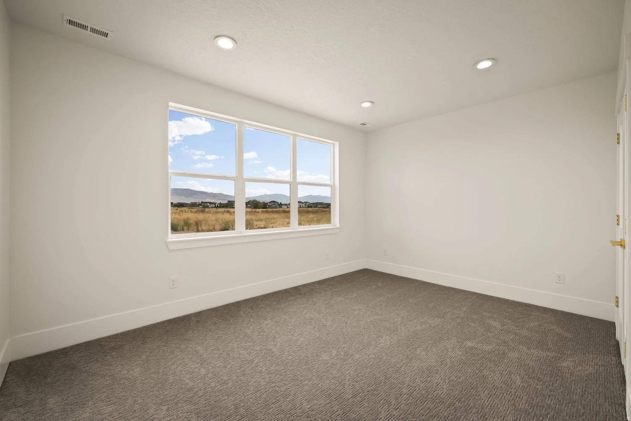 Spacious room featuring a large multi-pane window, recessed lighting, neutral carpet flooring, and white baseboards