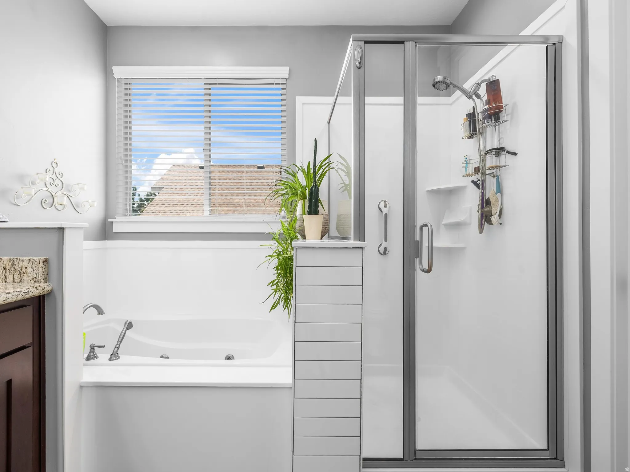 Well-appointed bathroom featuring a built-in soaking tub, separate glass-enclosed shower, wood-finish vanity with granite countertop, and horizontal slat wall accents