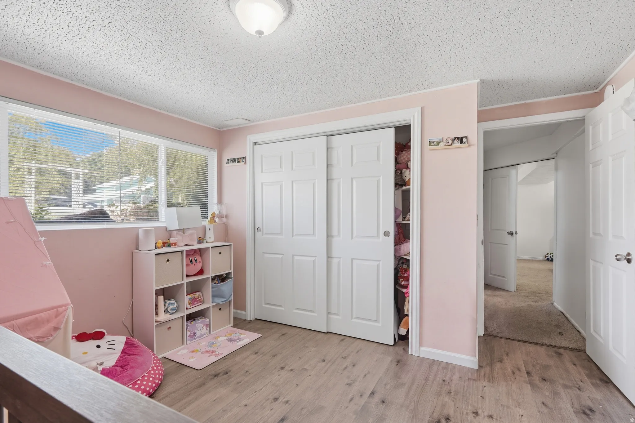 Room featuring light wood-finish flooring, a double window with horizontal blinds, a large sliding door closet, and a neutral ceiling fixture