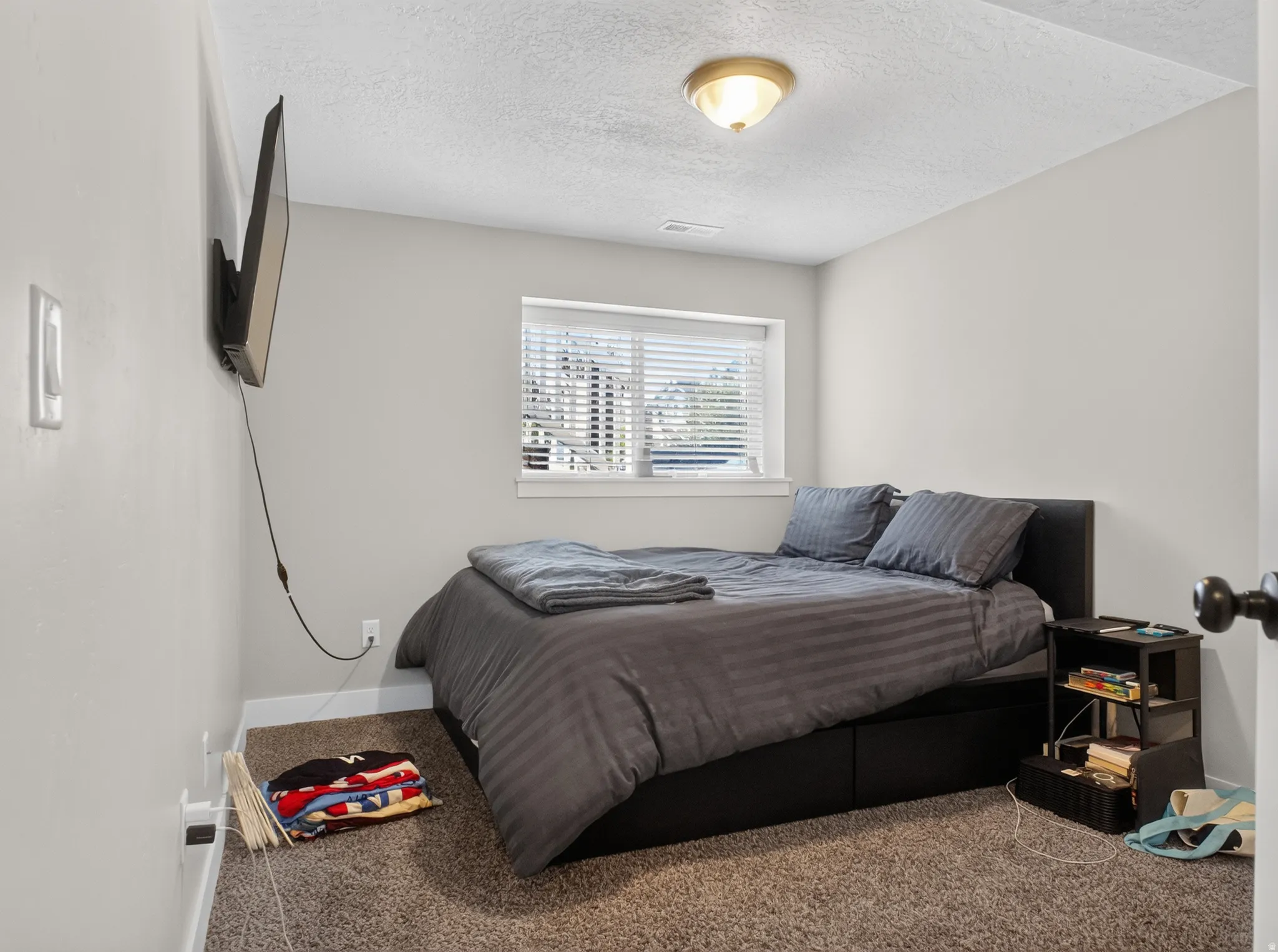 Carpeted room featuring a single window with blinds, light gray walls, and a ceiling-mounted light fixture