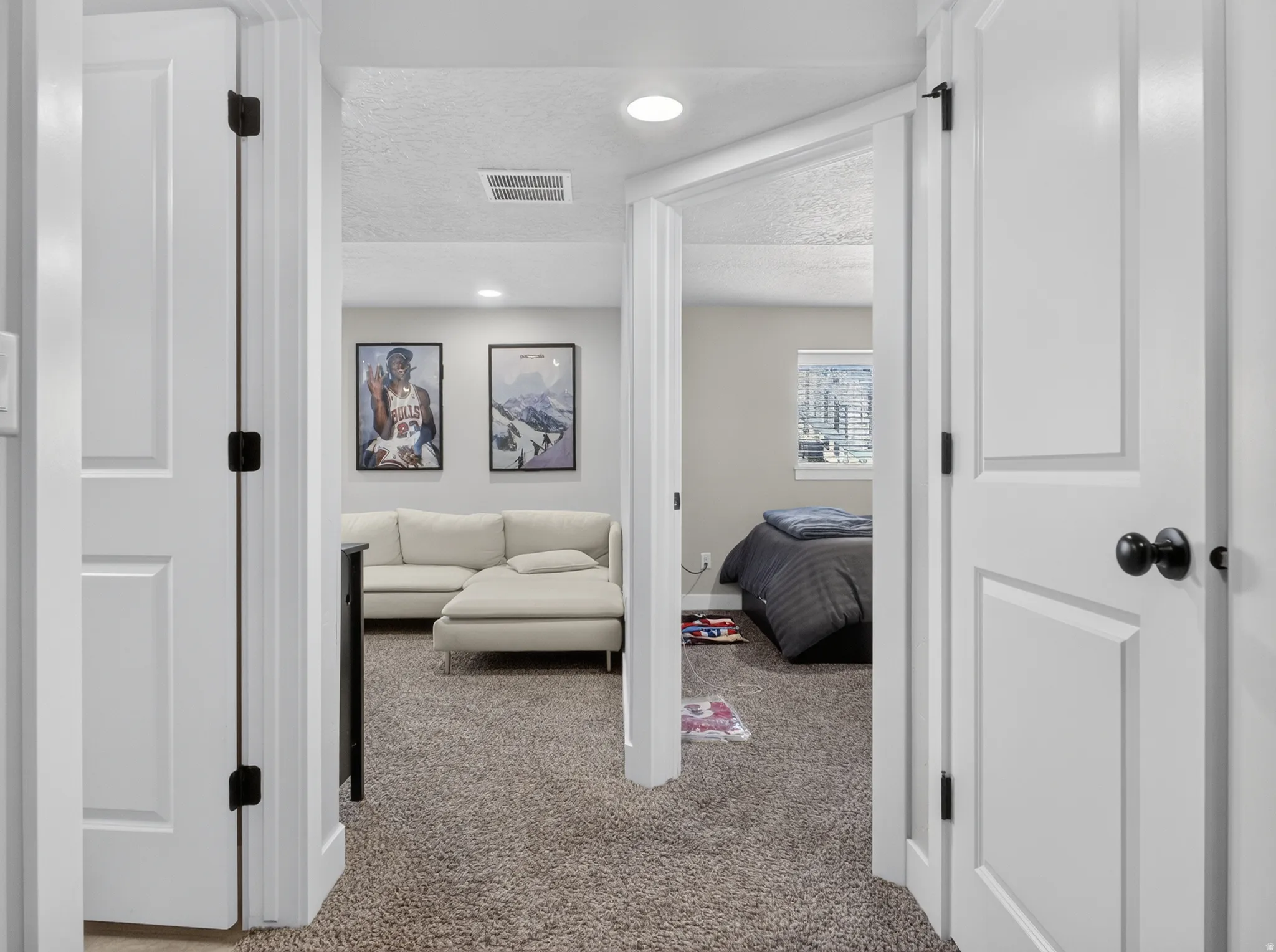 White paneled doors with matte black hardware open to a carpeted interior featuring recessed lighting and light gray walls