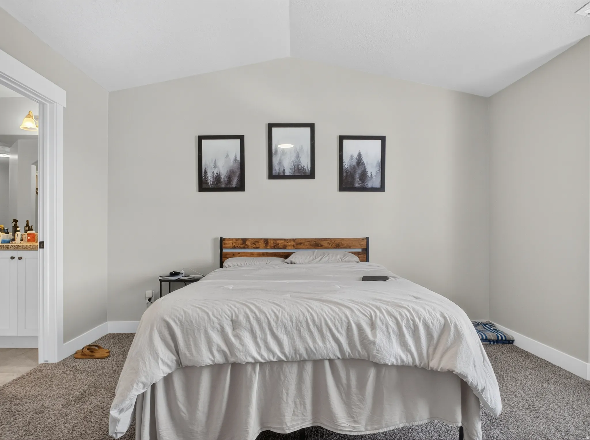 Neutral-toned bedroom featuring vaulted ceilings and textured carpeting