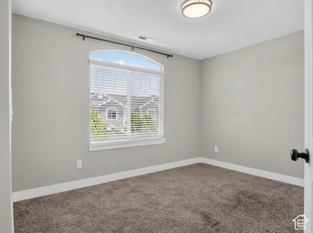 Neutral-toned room featuring a large arched window with horizontal blinds, overhead flush-mount lighting, and wall-to-wall carpeting