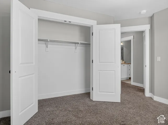 Carpeted room featuring a double-door closet with shelving and hanging rods