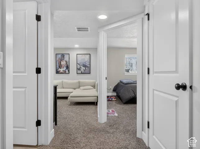 White paneled doors with matte black hardware open to a carpeted interior featuring recessed lighting and light gray walls