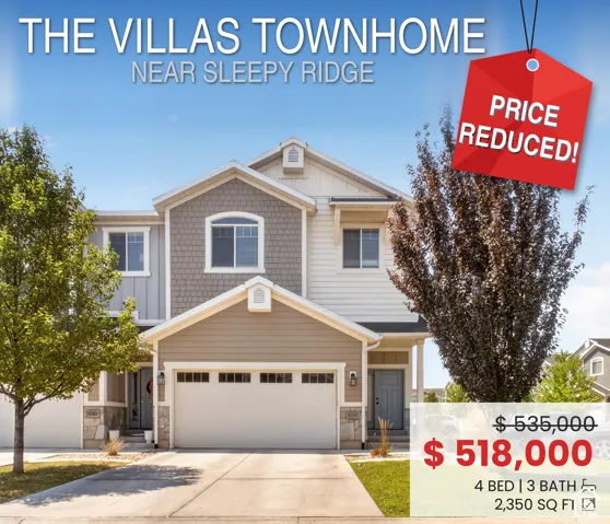Real Estate Advertisement. Displaying a townhome exterior with pricing and property specifications
