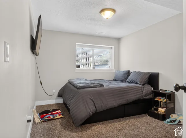 Carpeted room featuring a single window with blinds, light gray walls, and a ceiling-mounted light fixture