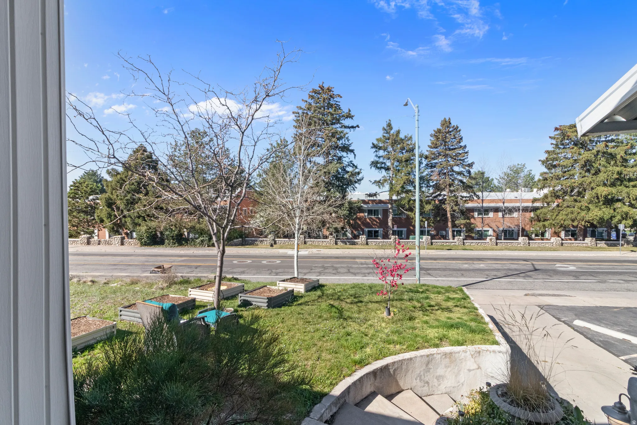 Front yard featuring a manicured lawn, several mature trees, and multiple raised garden beds
