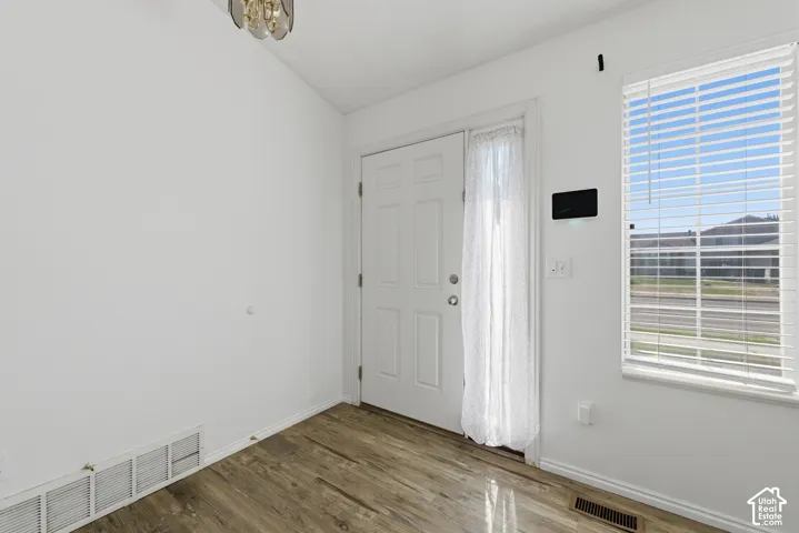 Entryway featuring wood-finish flooring, a white paneled door, and a window with horizontal blinds