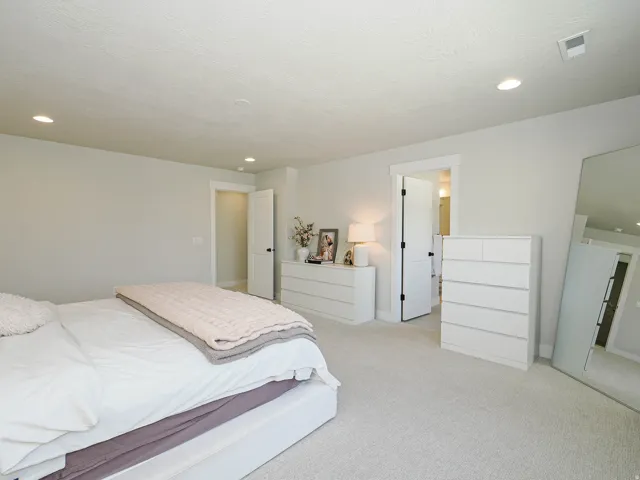 Recessed lighting, light-toned carpeting, and a white interior door with dark hardware