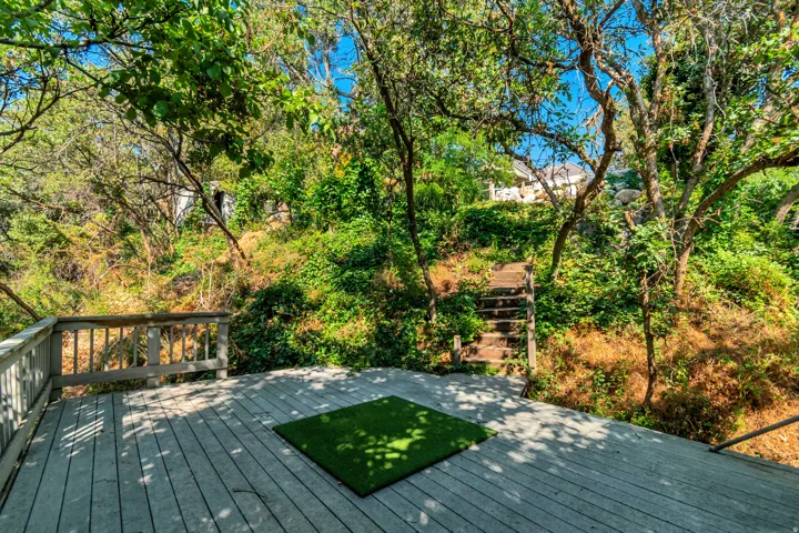 Outdoor wood-finish deck with railing, artificial turf accent, natural landscaping, and a sloped path with wood steps