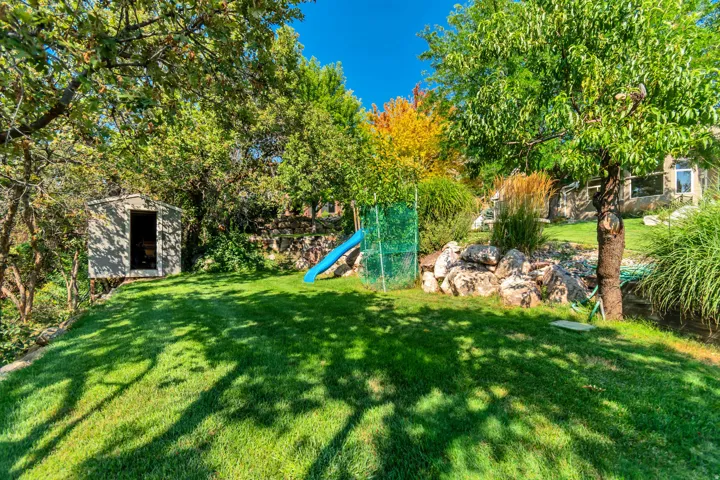 Lush manicured lawn with mature shade trees and dappled sunlight, complemented by stone hardscaping and a blue play structure
