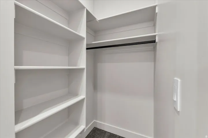 Built-in shelving, hanging rod, wall-mounted light switch, and wall-to-wall carpeting