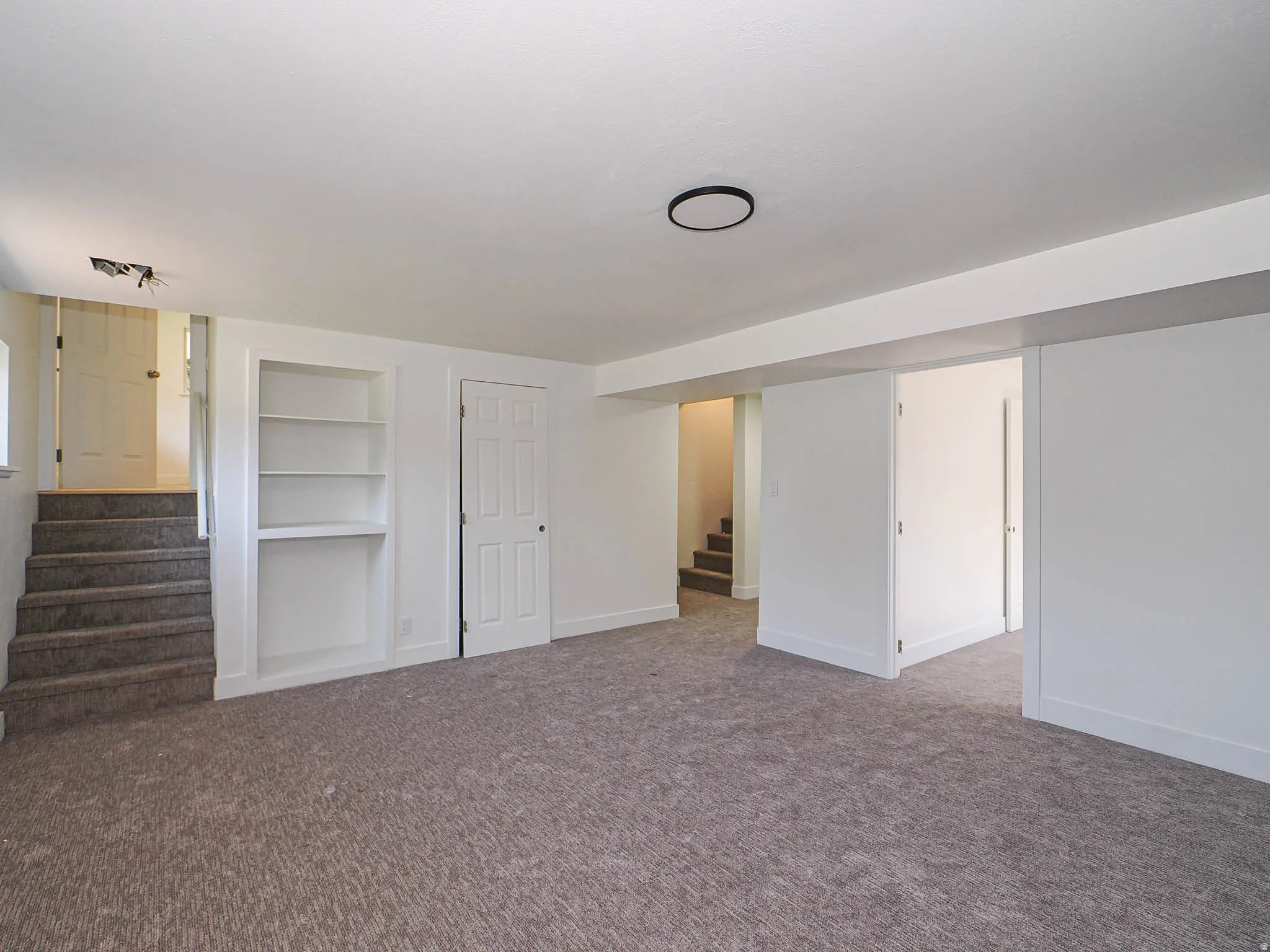 Spacious room featuring carpeting, built-in shelving, two paneled doors, and ceiling lighting