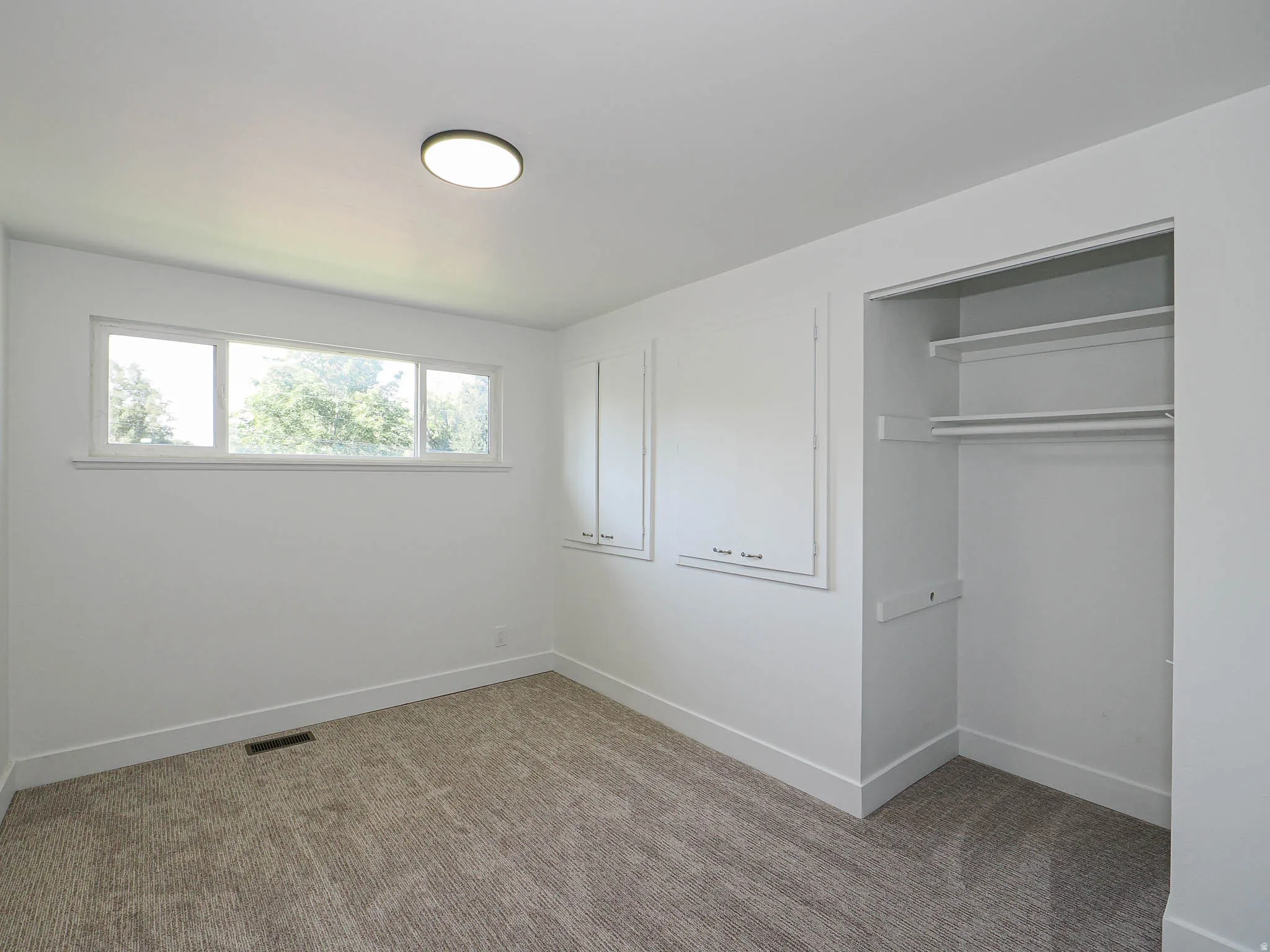 Recessed closet with built-in shelving, plush carpeting, and a multi-pane window