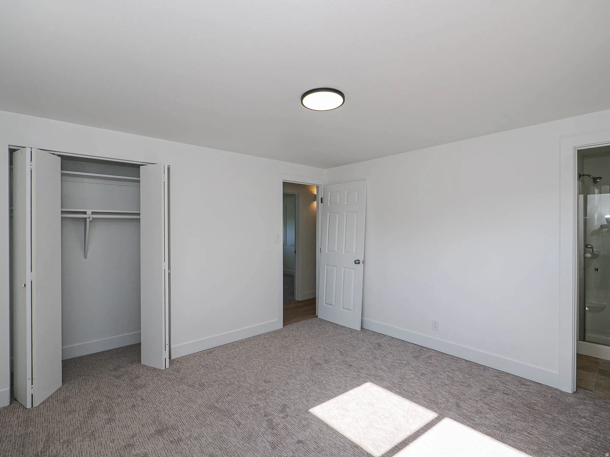 Plush carpet flooring, white walls, bi-fold closet doors, recessed ceiling lighting, and a paneled interior door