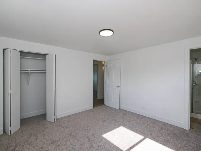 Plush carpet flooring, white walls, bi-fold closet doors, recessed ceiling lighting, and a paneled interior door