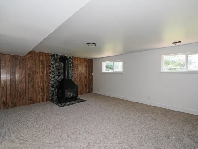 Carpeted room featuring a freestanding fireplace with a stone surround, wood-paneled accent wall, and multiple windows