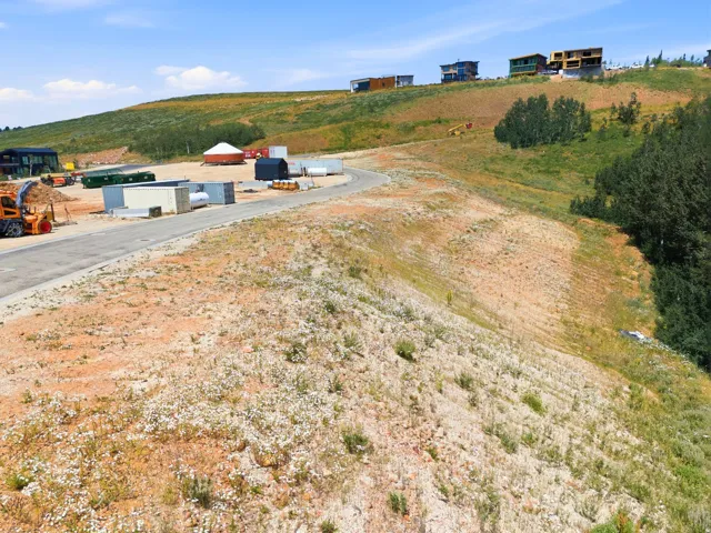 Sloped terrain featuring a paved road, scattered vegetation, and distant architectural structures