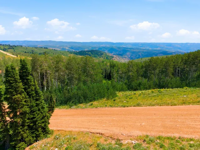 Expansive natural landscape featuring rolling hills, mature trees, and a distant mountain range under a clear sky