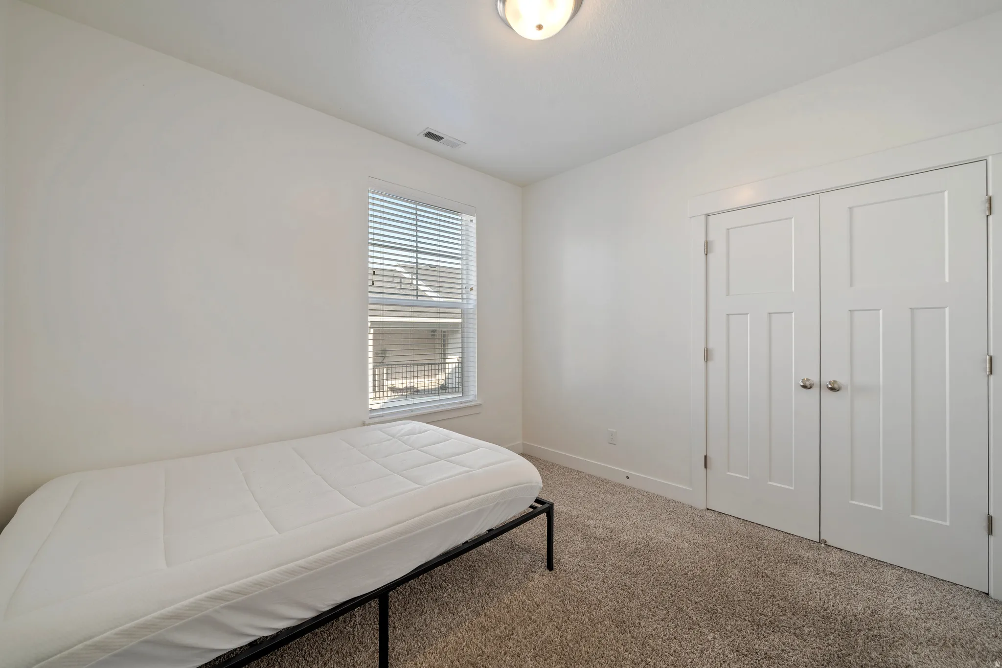 Neutral wall paint, textured carpeting, double panel doors with brushed nickel hardware, and a ceiling-mounted light fixture