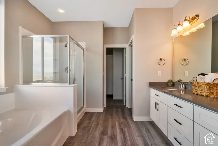 Spacious bathroom featuring a built-in tub, enclosed shower with sliding glass doors, long vanity with undermount sink, and wood-finish flooring