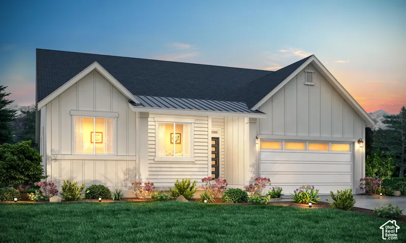 Modern farmhouse design featuring a clean-lined exterior with vertical siding, gabled roofline with dark asphalt shingles, and a two-car garage with paneled doors
