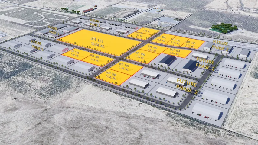 Aerial Site Plan. Illustrating the property layout with designated structures, parking areas, and land divisions across multiple parcels