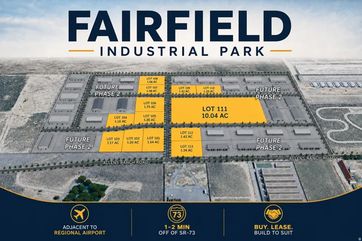 Fairfield Industrial Park layout. Illustrating parcel divisions, acreage, and future development phases within the property