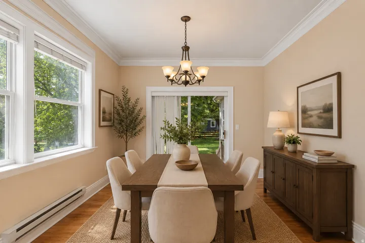 Dining area featuring wood-finish flooring, white crown molding, and a chandelier with five sconces
