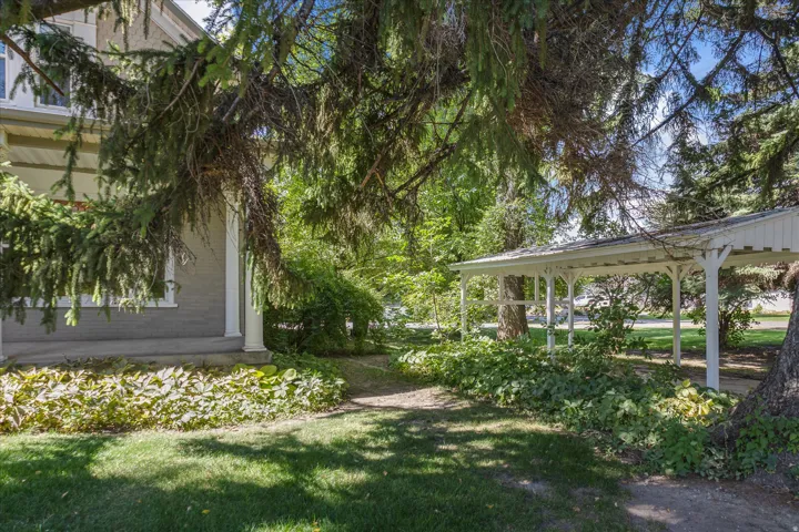 Mature landscape with lush canopy trees, manicured lawn, and white pergola structure providing shaded outdoor living space